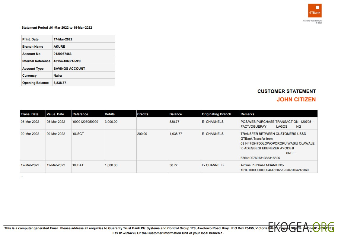 Modèle Word et PDF de relevé de compte d'épargne de la Nigeria Guaranty Trust Bank (GTBank)